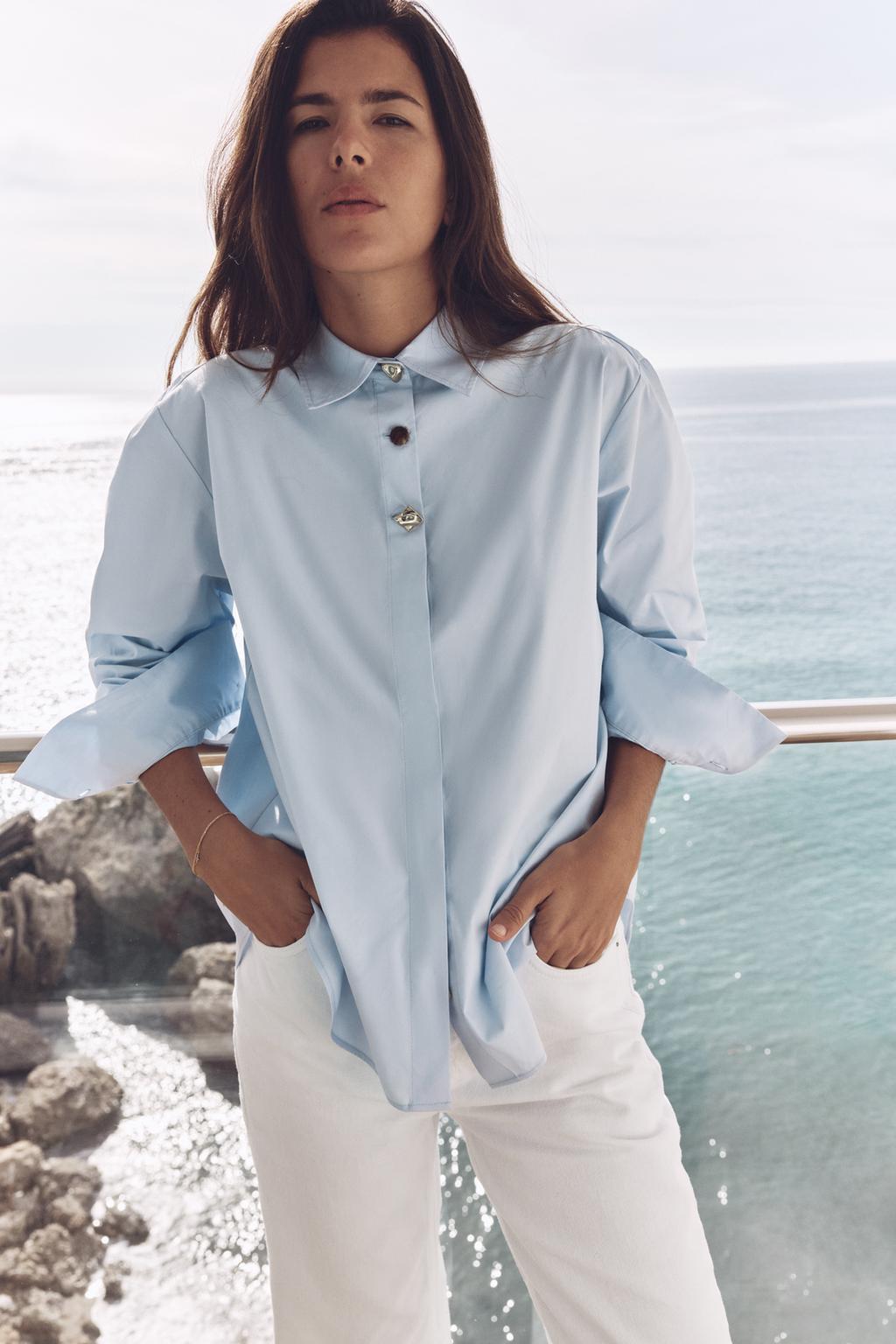 

Поплиновая рубашка с контрастными пуговицами ZARA, светло-синий