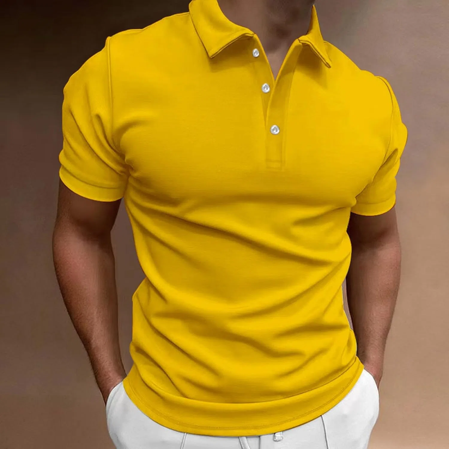 Мужская классическая рубашка на пуговицах с коротким рукавом, Yellow-1 — фото 2