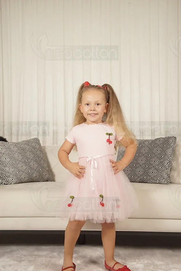 Детское платье для девочек с длинным рукавом Flexible and cherry tulle lined dress Neocotton, Short-Pink