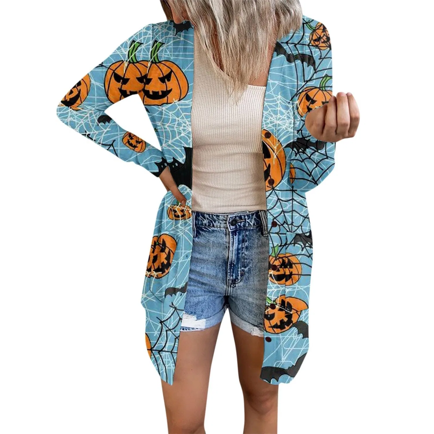 Женский кардиган с принтом Costume di Halloween, motivo zucca con pipistrello, 2-blu Cielo
