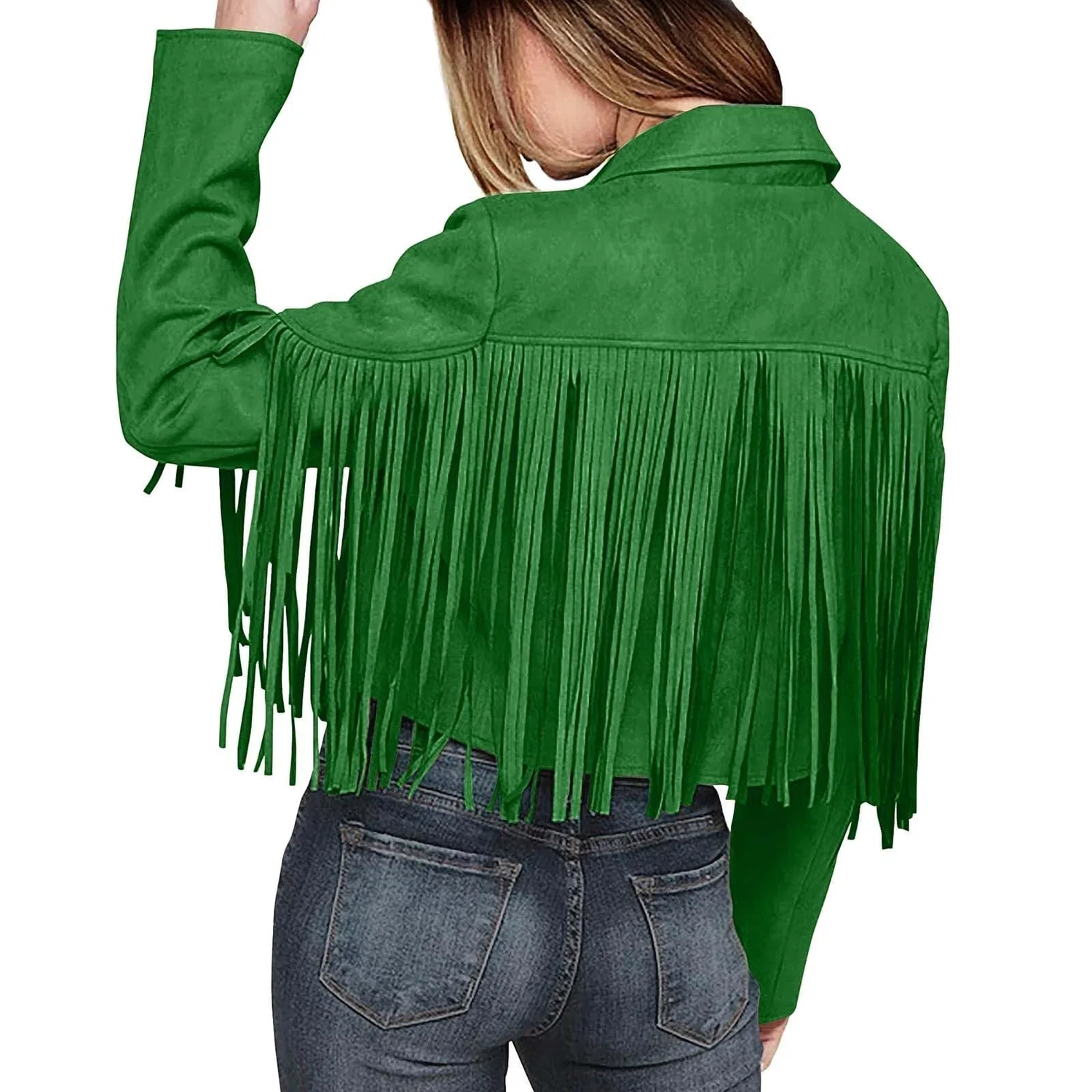 Женская куртка-косуха из замши с кисточками, green — фото 4