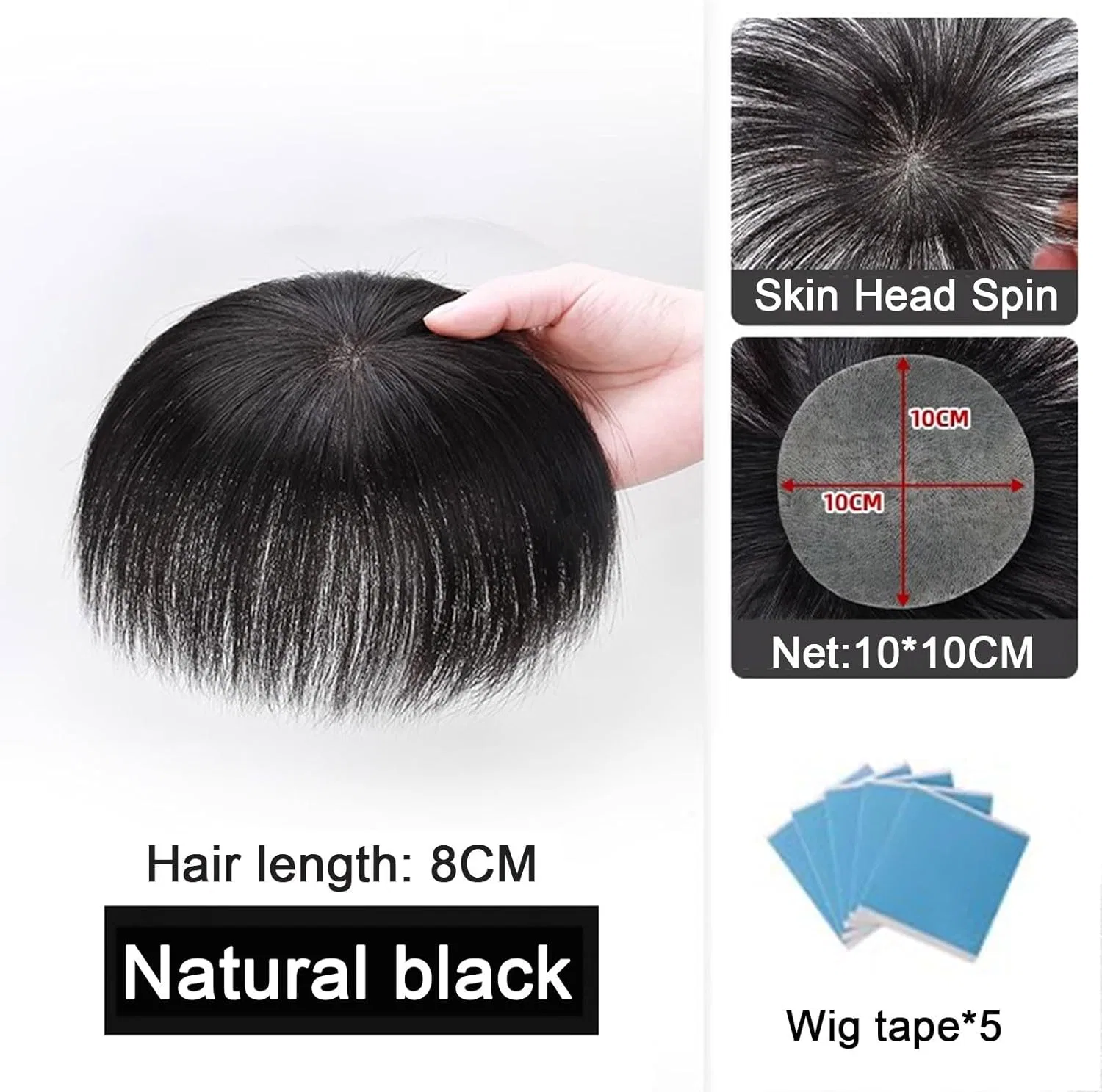 Накладка на лысину V Premier Human Hair Patch, 10x10 см, длинна 8 см, черный, Zbyxpp — фото 2