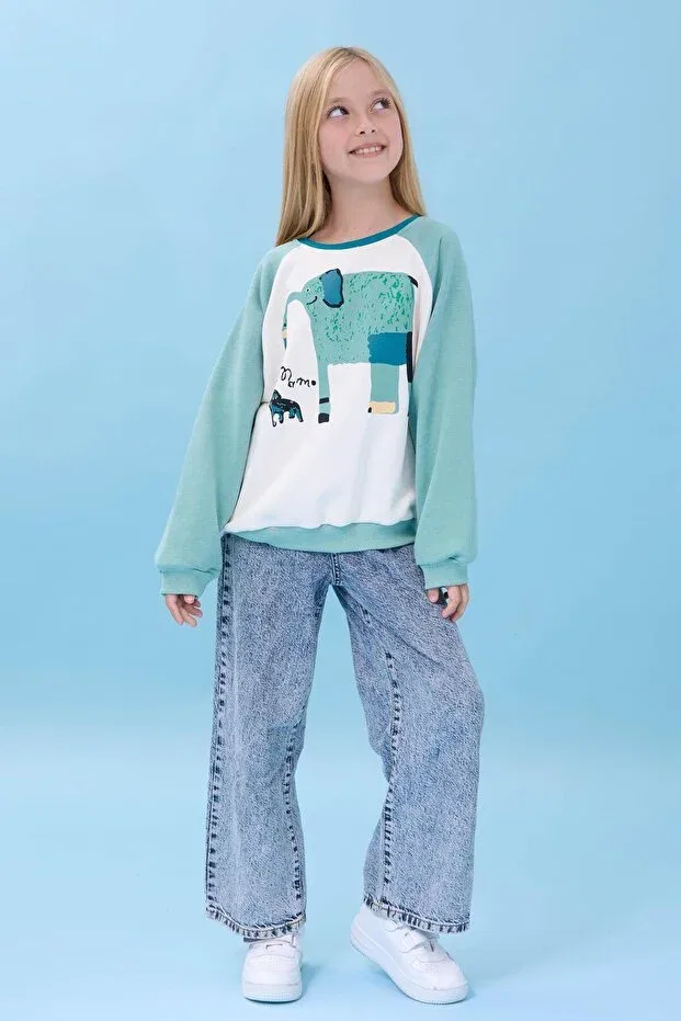 Детские свитшот для девочек с принтом Elephant Printed Crew Neck Oversize Seasonal Perendi, Ecru-Cagla