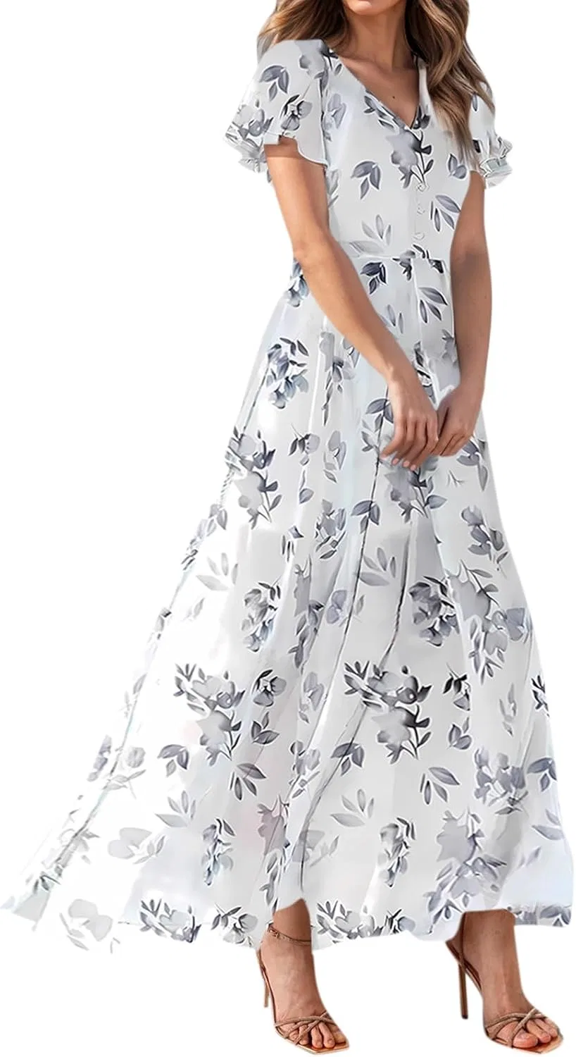 Женское длинное платье с цветочным принтом, Chiffon, White
