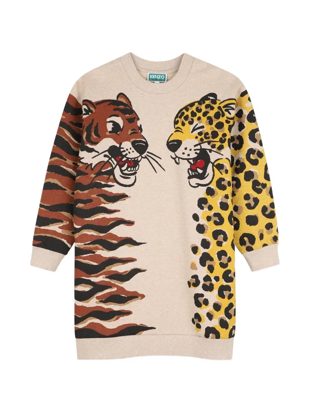 Платье с длинными рукавами и анималистичным принтом Kenzo Kids, бежевый