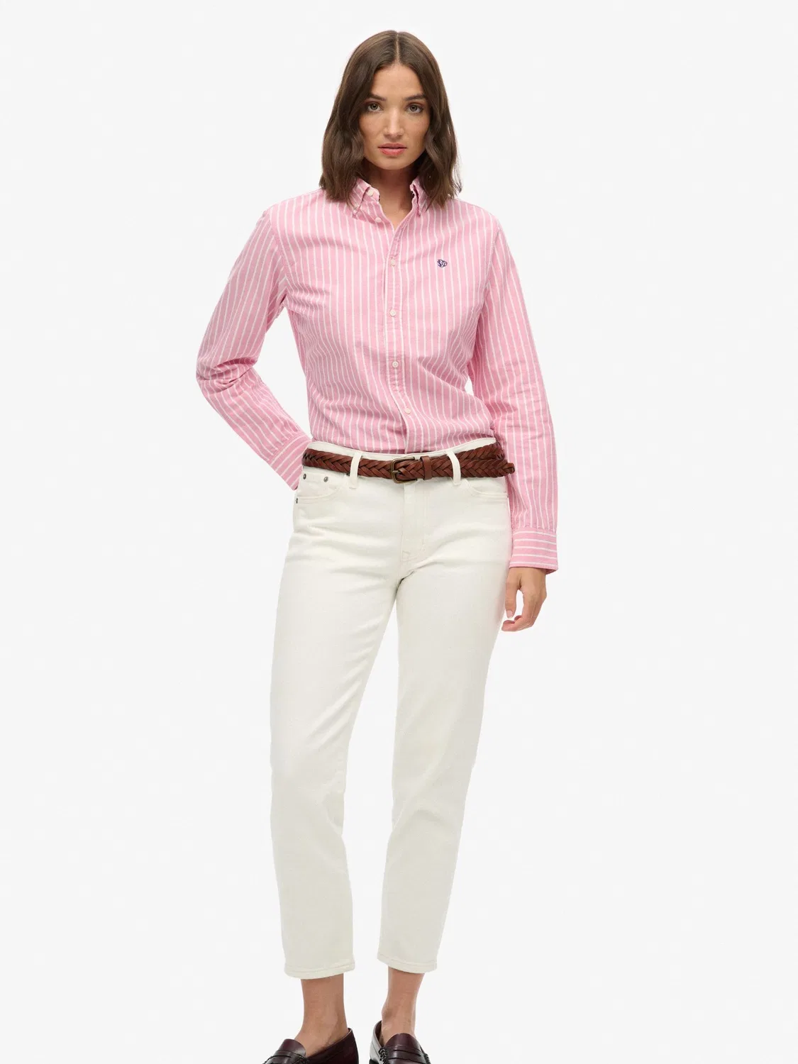 Рубашка оксфордская Slim Oxford Superdry, розово-белая полоска — фото 2