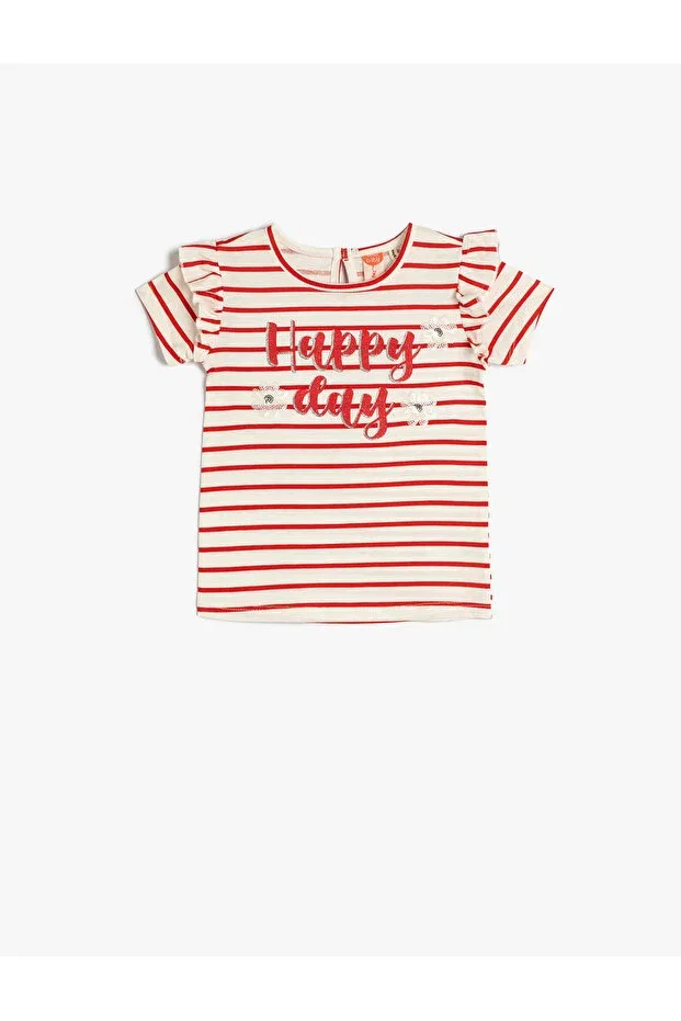 Детская футболка с пайетками Striped t-shirt ruffled sequin-paillette embroidered short sleeve cotton Koton, Red Patterned