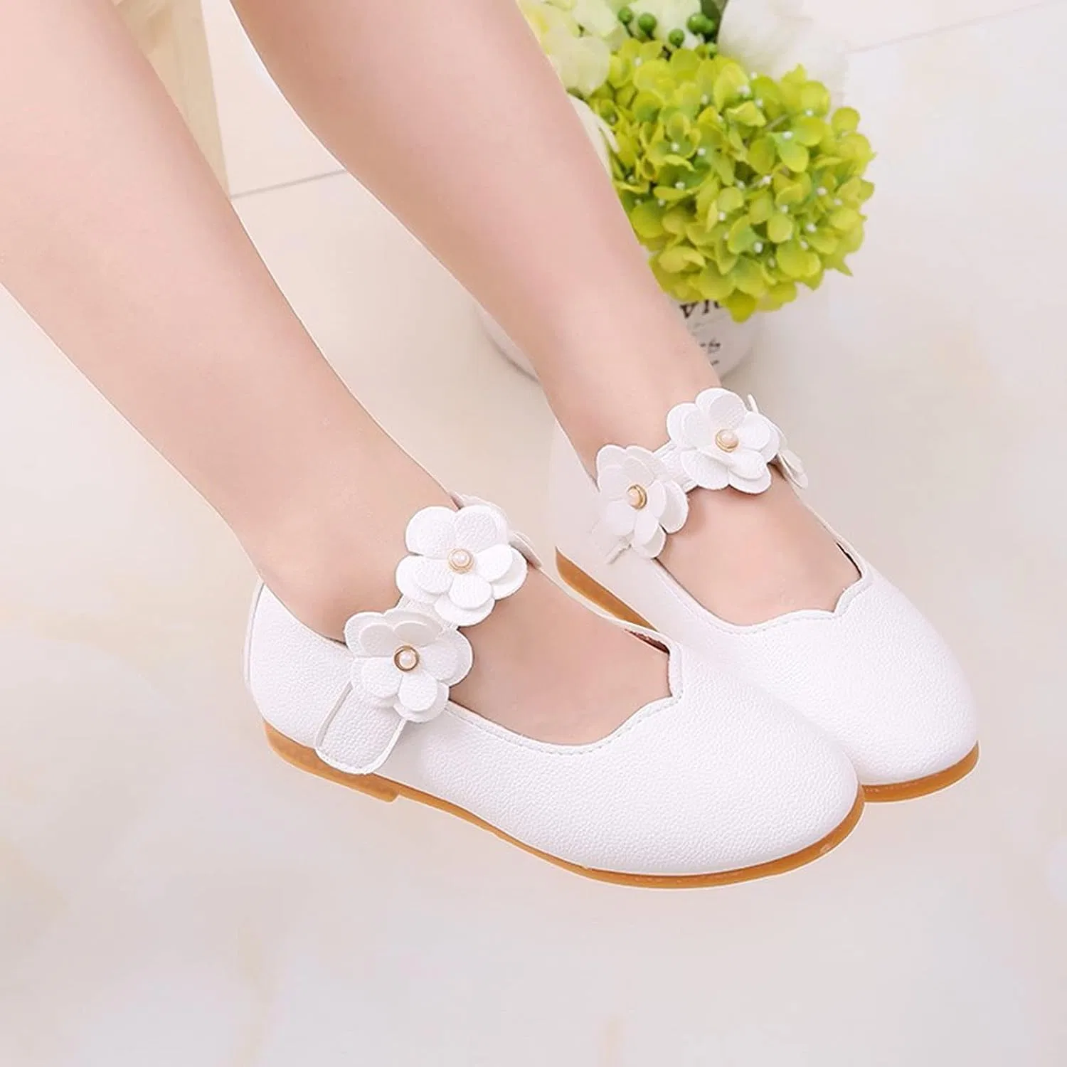 Детские балетки для девочек с цветочным ремешком Mary Jane Ballerina Flats, White — фото 3