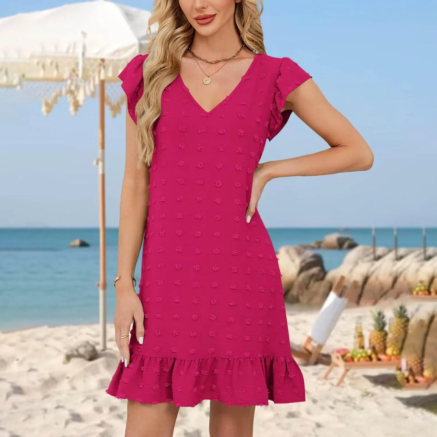 Женское летнее платье с V-образным вырезом и рюшами, Hot Pink — фото 2
