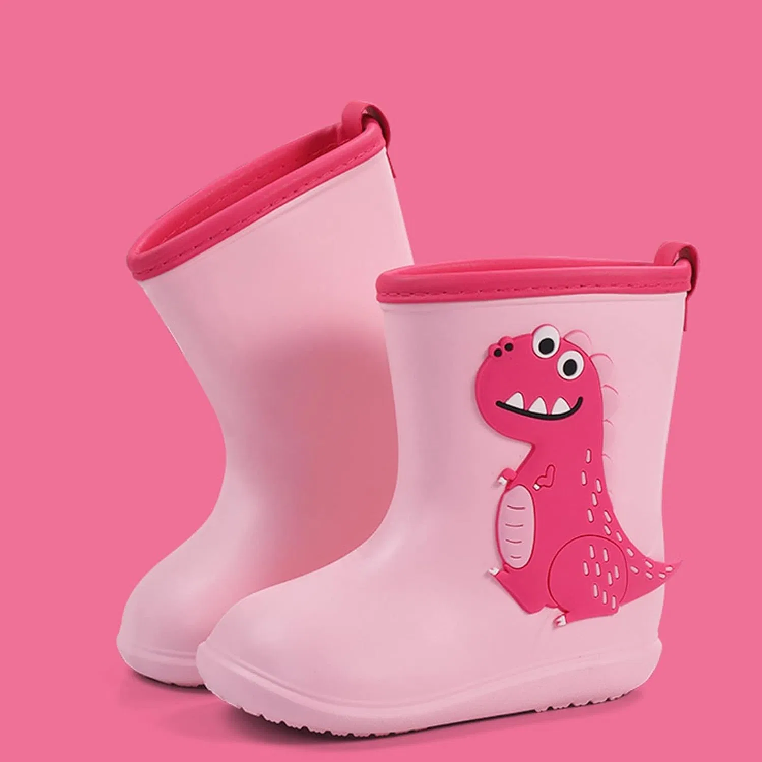 Детские дождевые сапоги с принтом динозавров для мальчиков и девочек, Pink — фото 2