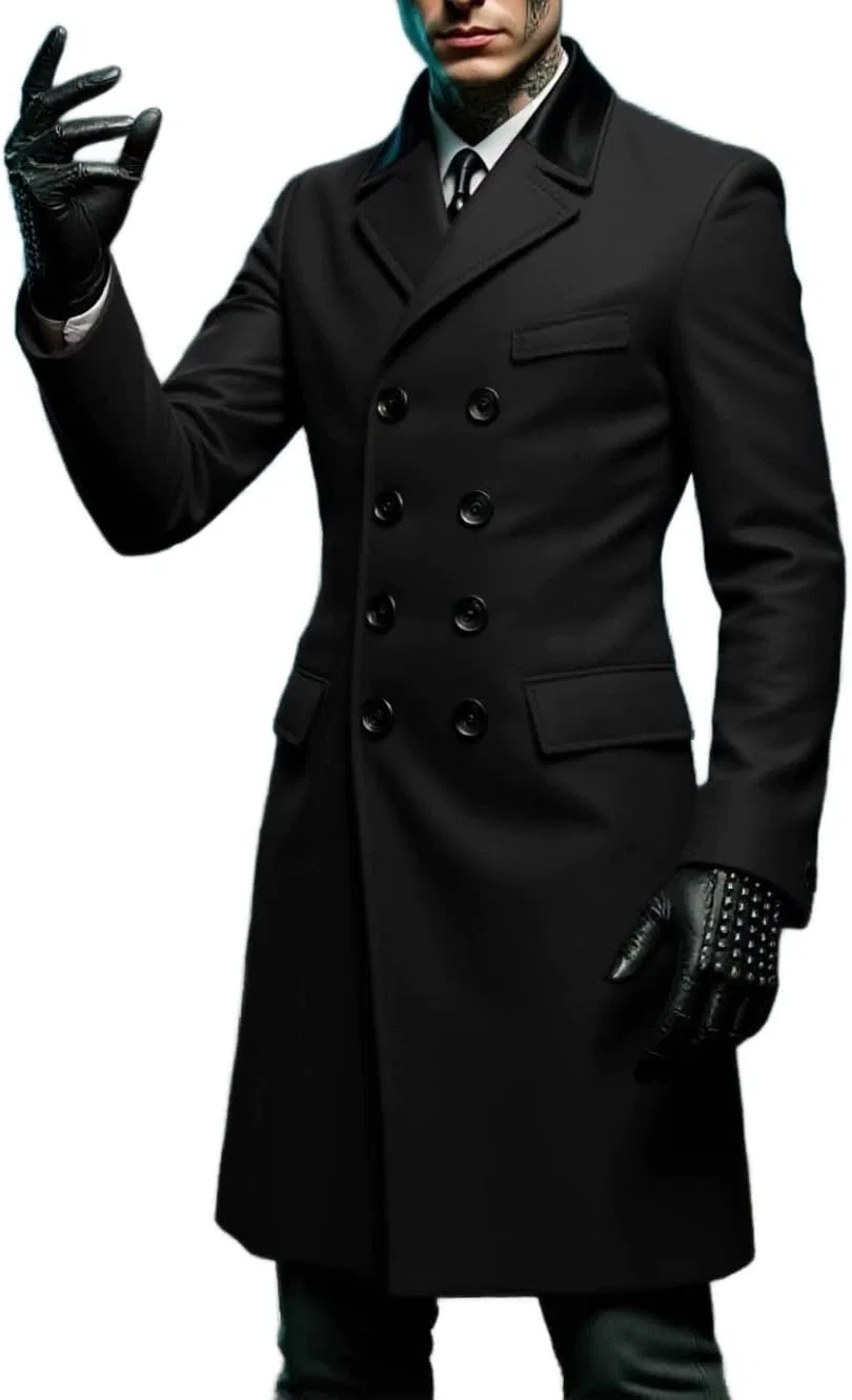 Мужское шерстяное пальто с двубортной застежкой, с лацканами, slim fit