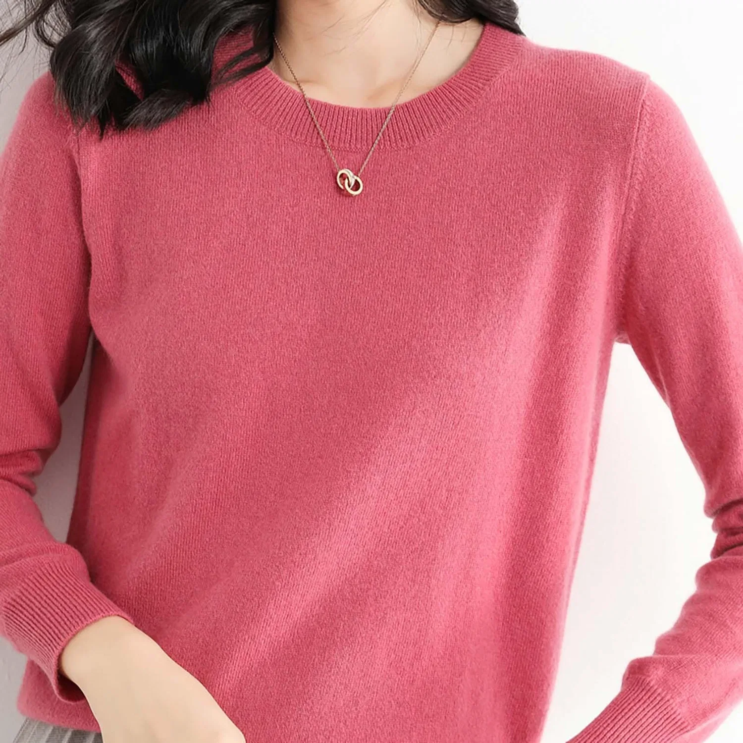 Женский свитер из мериносовой шерсти с круглым вырезом, D-hot Pink — фото 2