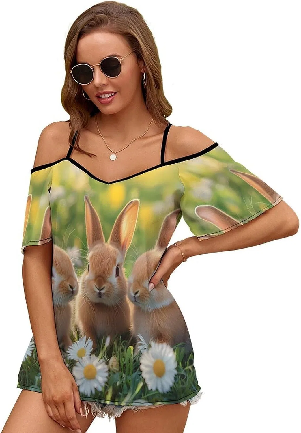 Женское платье с открытыми плечами, принт Rabbit Daisy