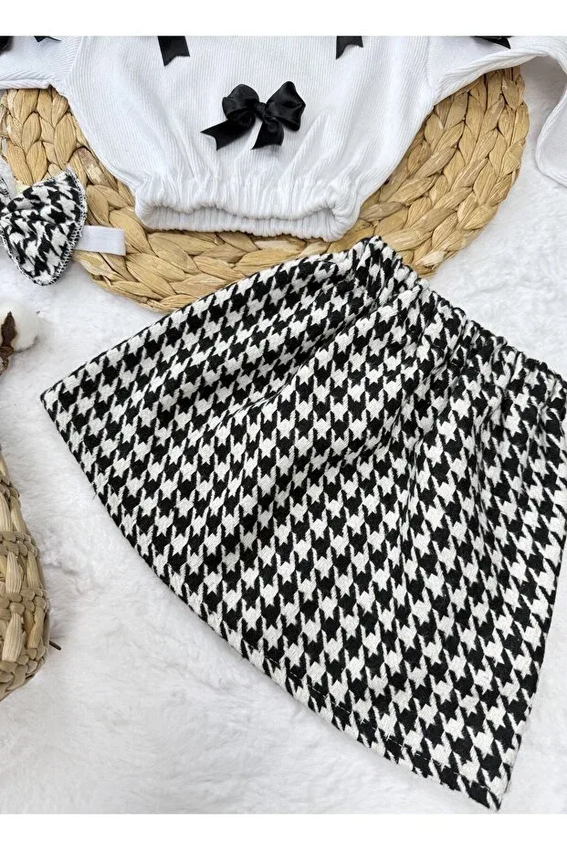 Детский комплект для девочек хлопковый Girl & baby set bow badi houndstooth skirt bandana set Akif Giyim, Black — фото 3