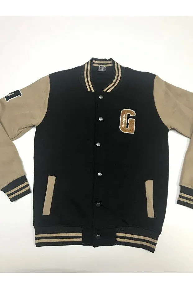 Детская куртка для девочек с вышивкой Winter 3-thread embroidery pocket unisex varsity jacket sweatshirt cardigan Baby Slon Kids Clup, Black-Beige — фото 2
