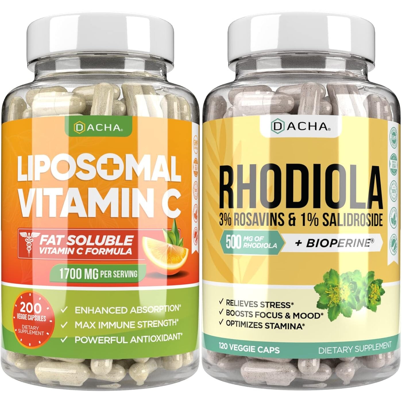 

Набор витаминов Dacha Vitamin C Liposomal 1700 mg & Rhodiola 500 mg, 2 предмета, 200+120 капсул