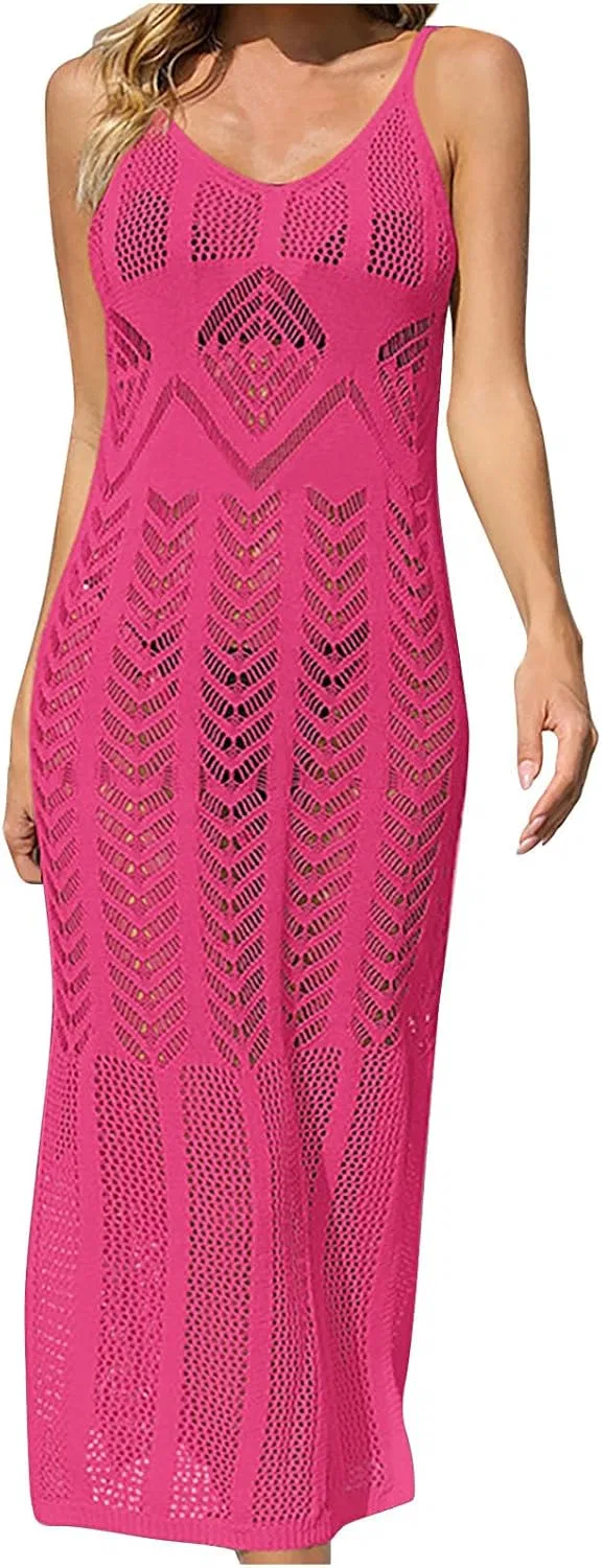 Женское пляжное платье-накидка вязаное крючком Generic, Hot Pink
