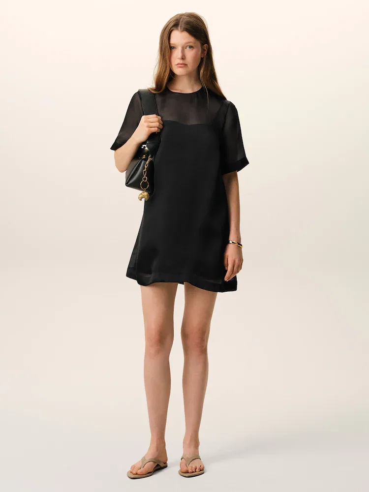 Платье мини трапеция из шифона, Noir AMI PARIS, Black