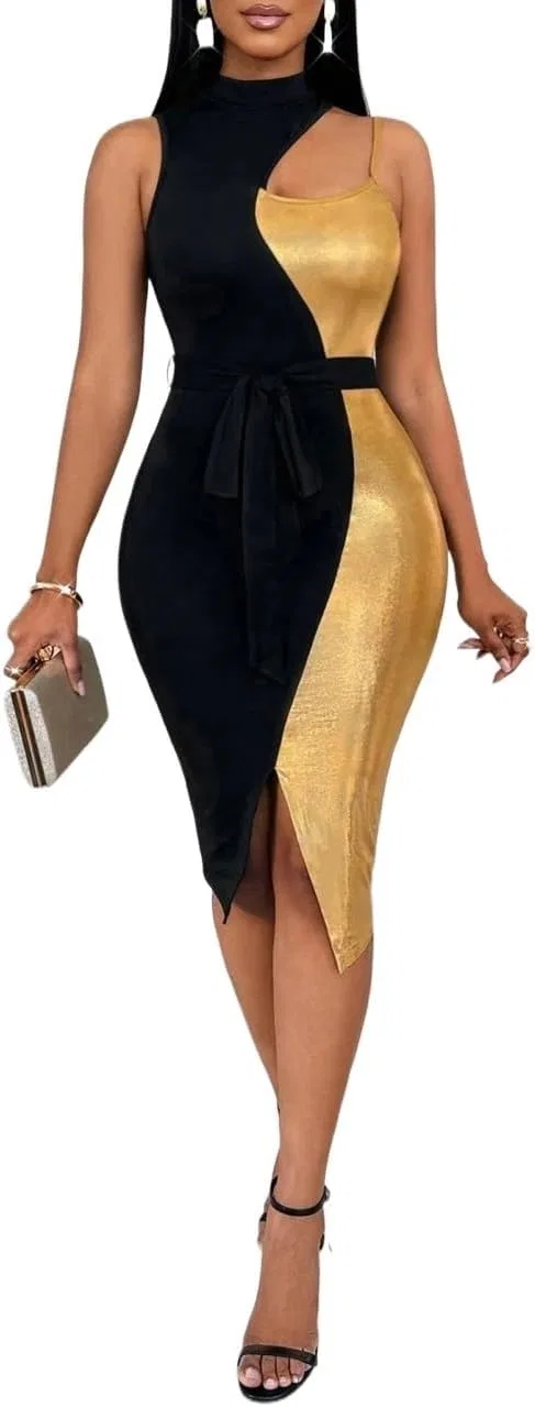 Женское повседневное платье миди с асимметричным воротником, Black and Gold