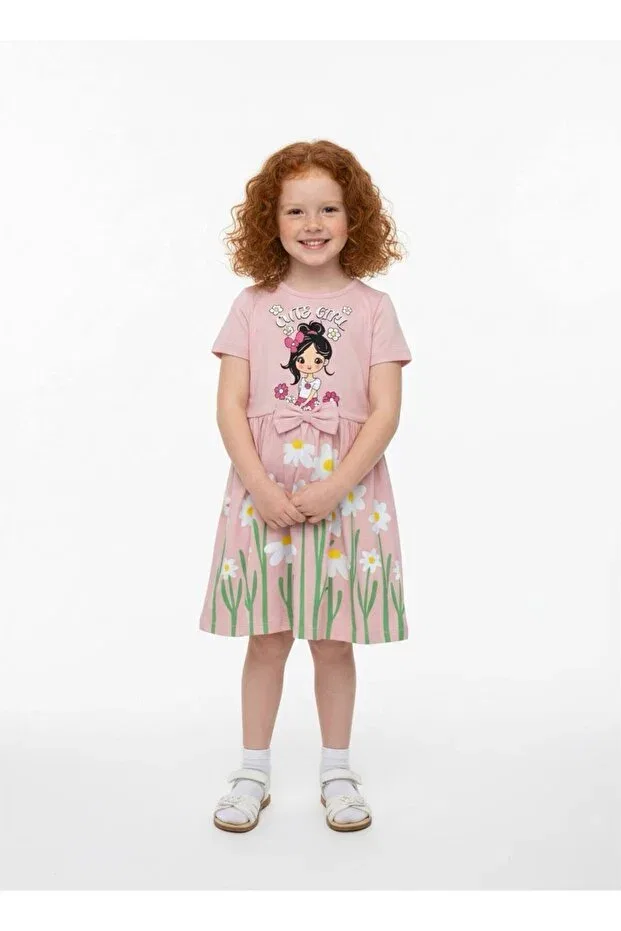 Детское платье-футболка с принтом Bow Tie Detailed Girls' Dress Durukoza, Pink — фото 2