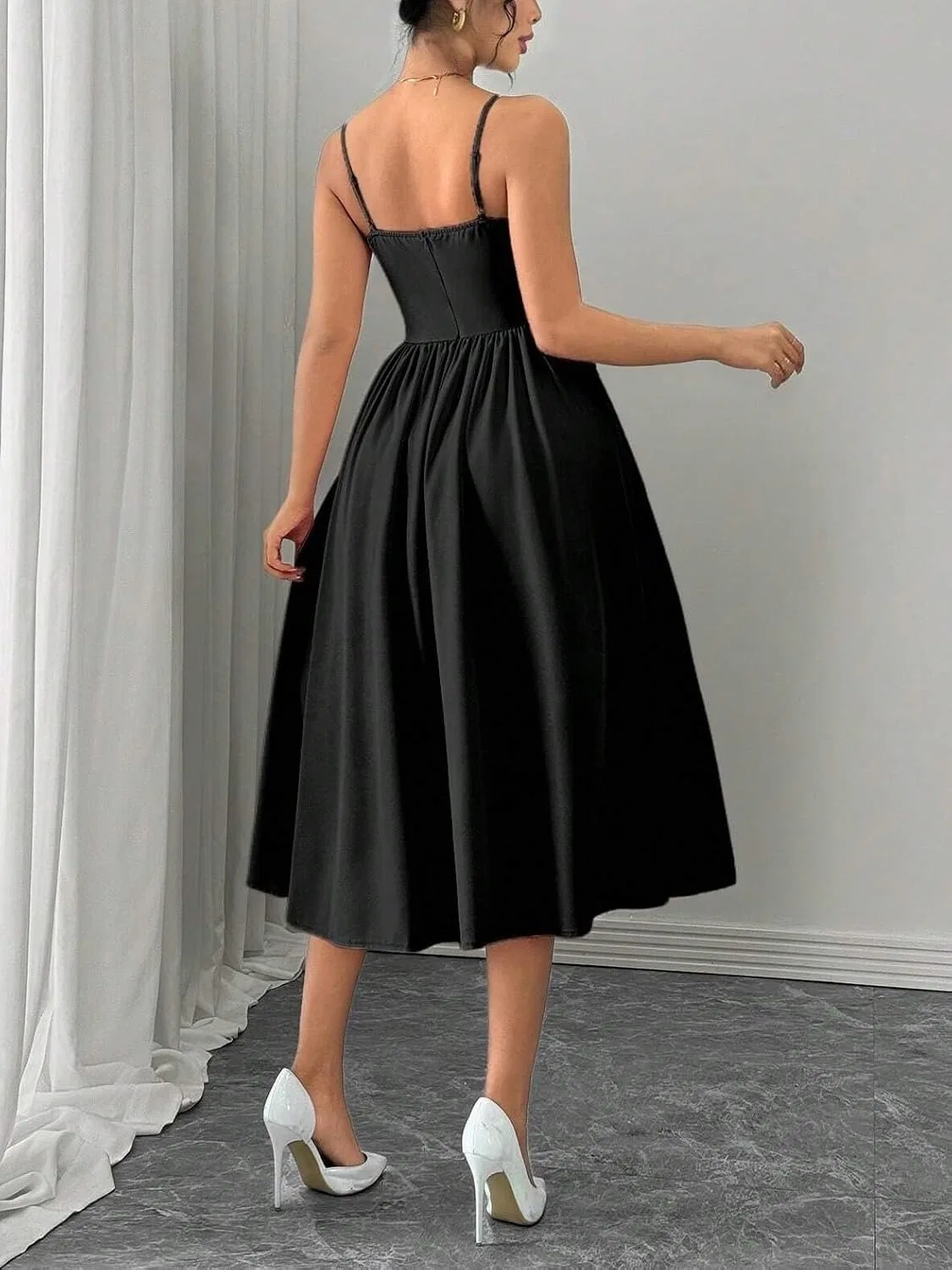 Женское элегантное платье миди с открытой спиной Slimming Cami, Black — фото 2
