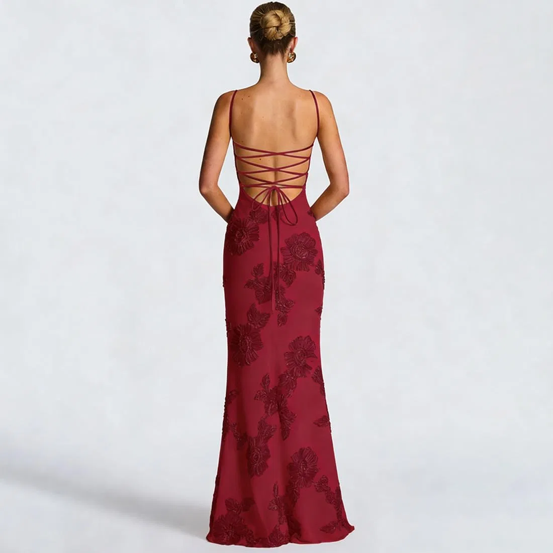 Женское облегающее платье с открытой спиной Halter Maxi, Burgundy — фото 2