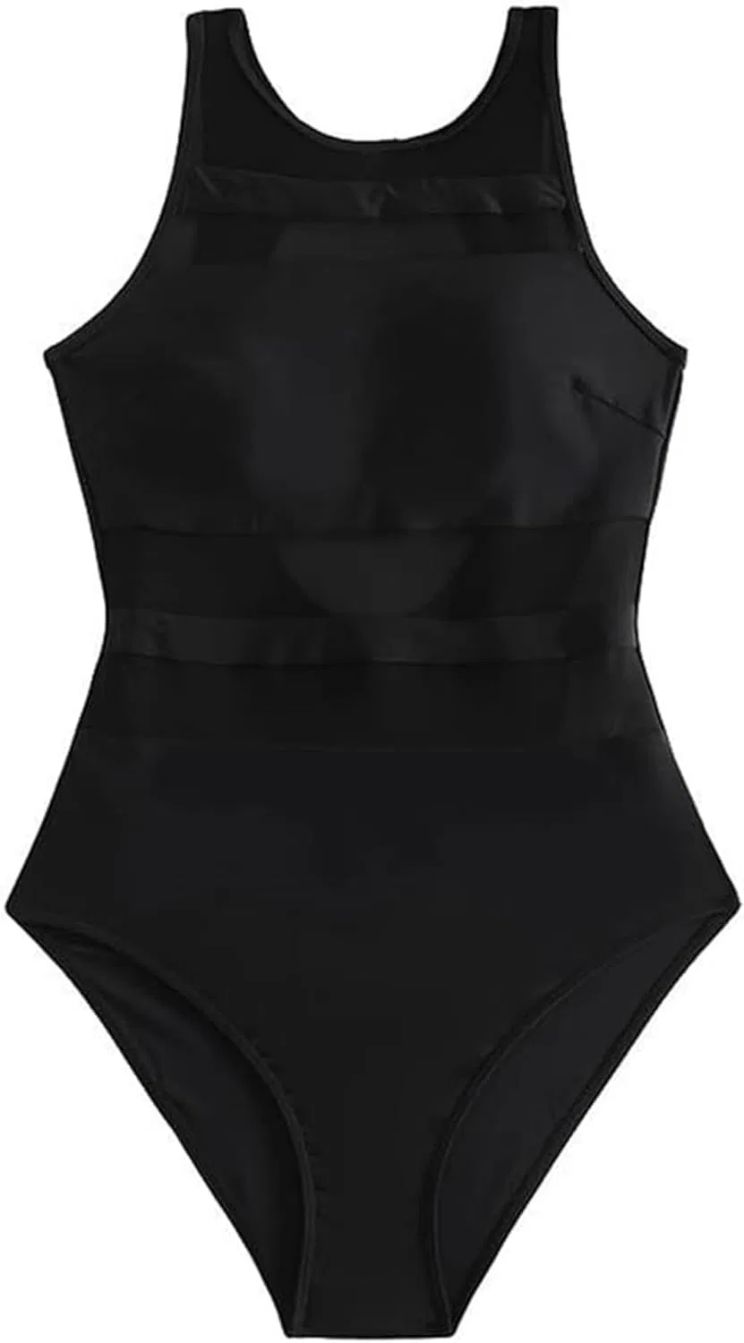 Женский цельнокроеный купальник с сетчатыми вставками, Black