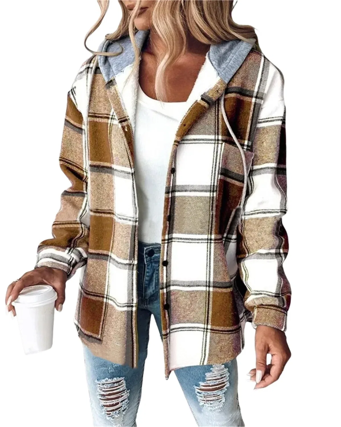 Женская куртка с принтом в клетку с завязками, модель Women Fashion Red Plaid Print Drawstring Jacket, Caramello