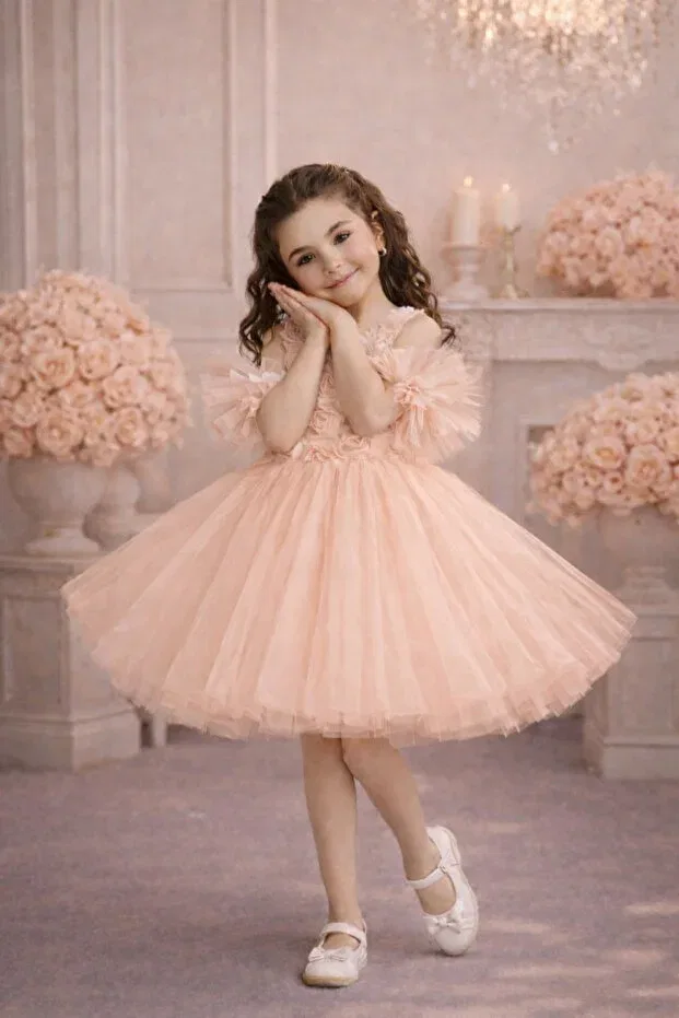 Детское платье для девочек с пайетками Pompom sleeves rose patterned tulle piece party and birthday dress evening dress Mixie, Orange — фото 2
