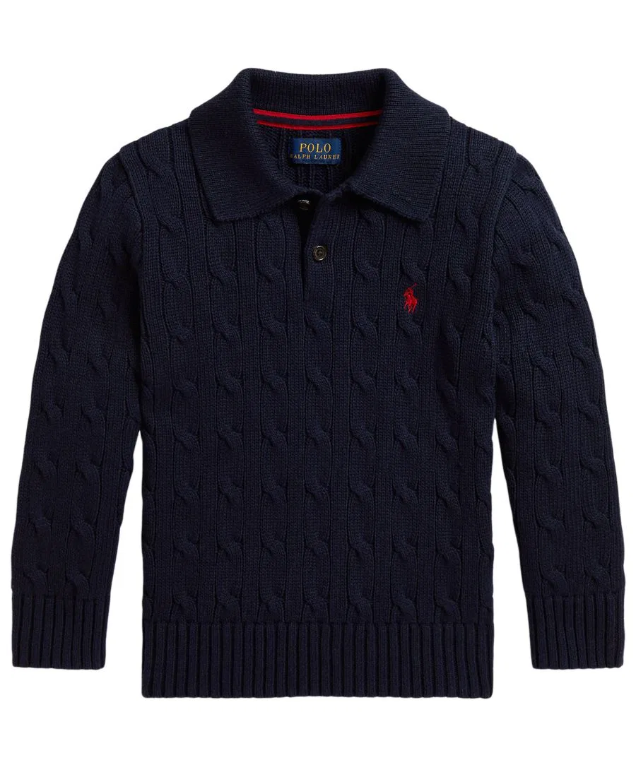 Свитер поло с косами из хлопка, модель Cable-Knit Cotton Polo Sweater Polo Ralph Lauren, Navy
