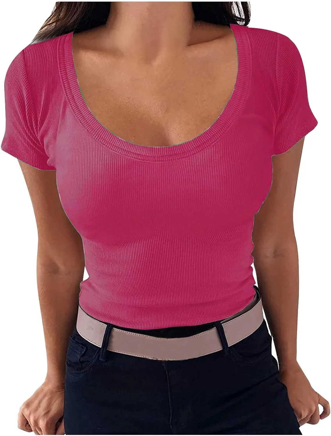 Женская футболка ribbed crew neck racerback slim fitted, Hot Pink