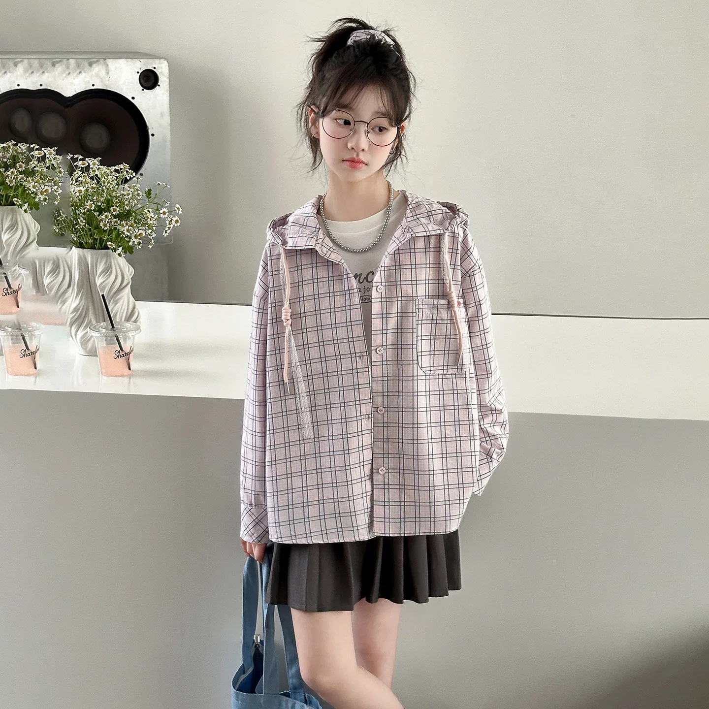 Детская рубашка Casual Shirts Hooded Moderate Blue Plaid Shirt PLANDOO — фото 4