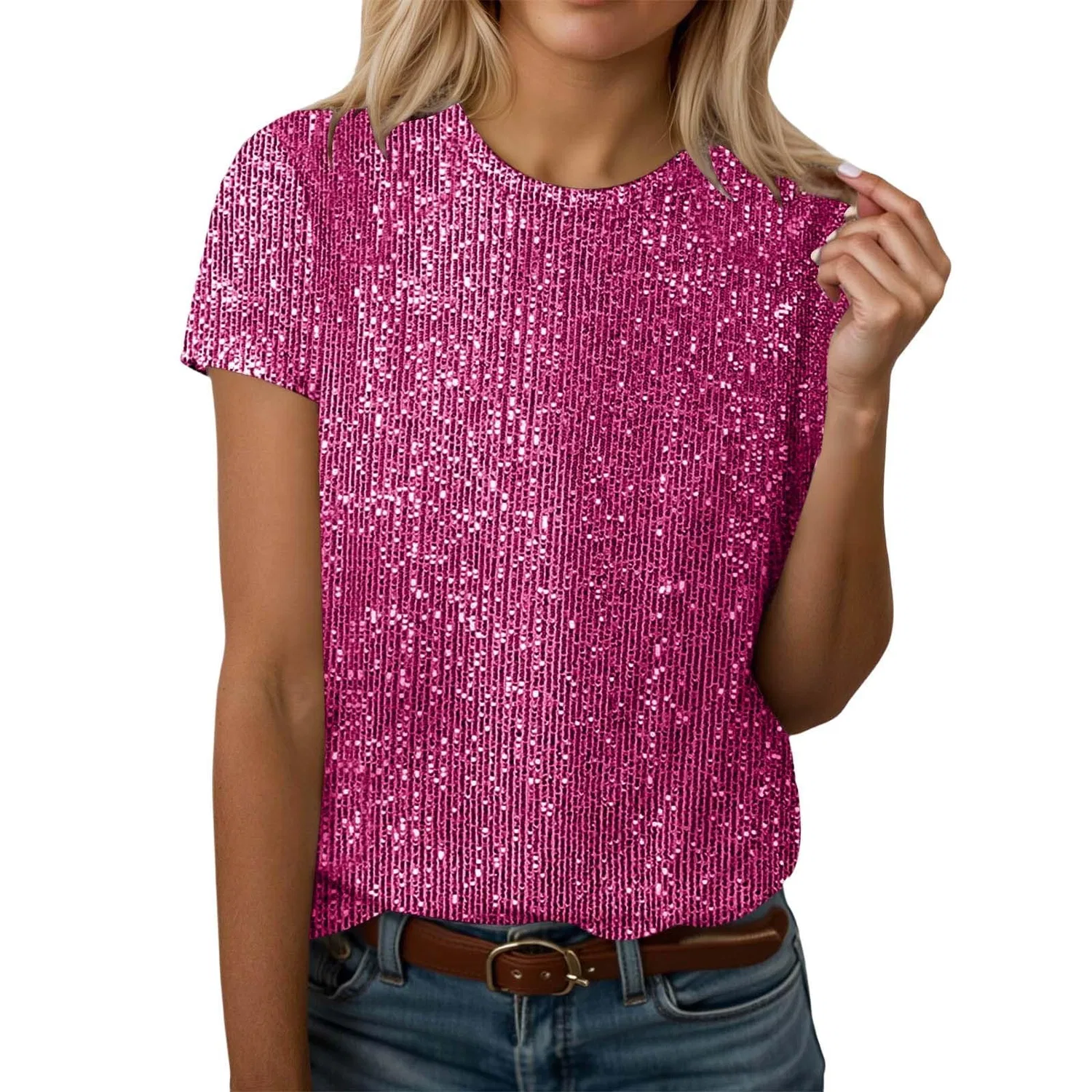 Женский топ с пайетками с коротким рукавом, M01 Red Pink