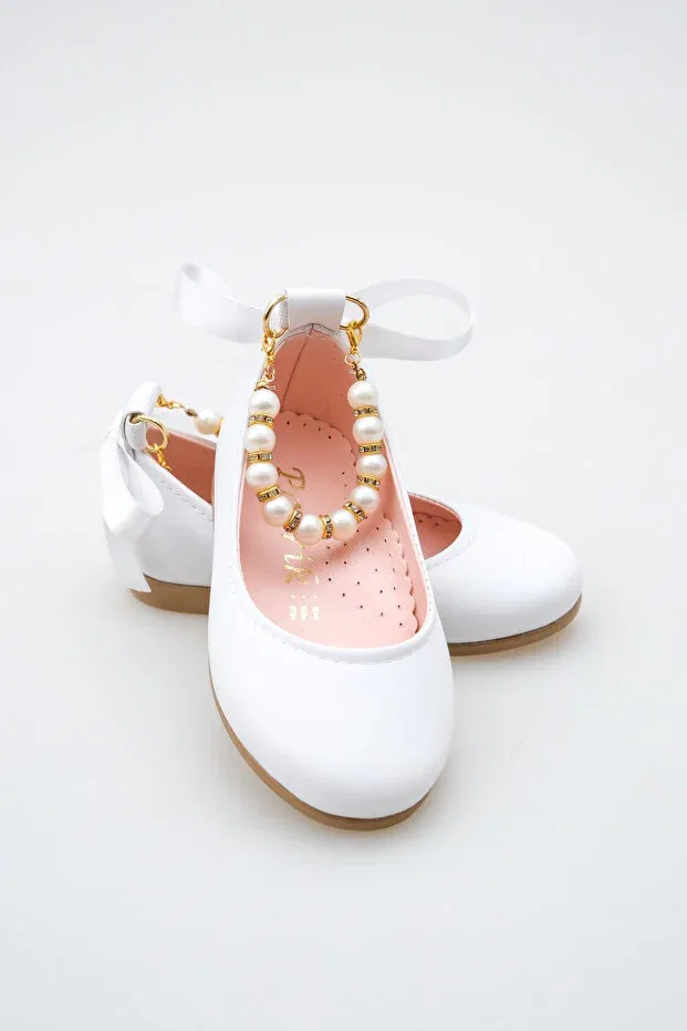 Детские балетки для девочек с жемчугом Shiny White Ankle Pearl Detailed Girls' Ballerinas With Bow Ribbon Kateyler, Bright White — фото 4