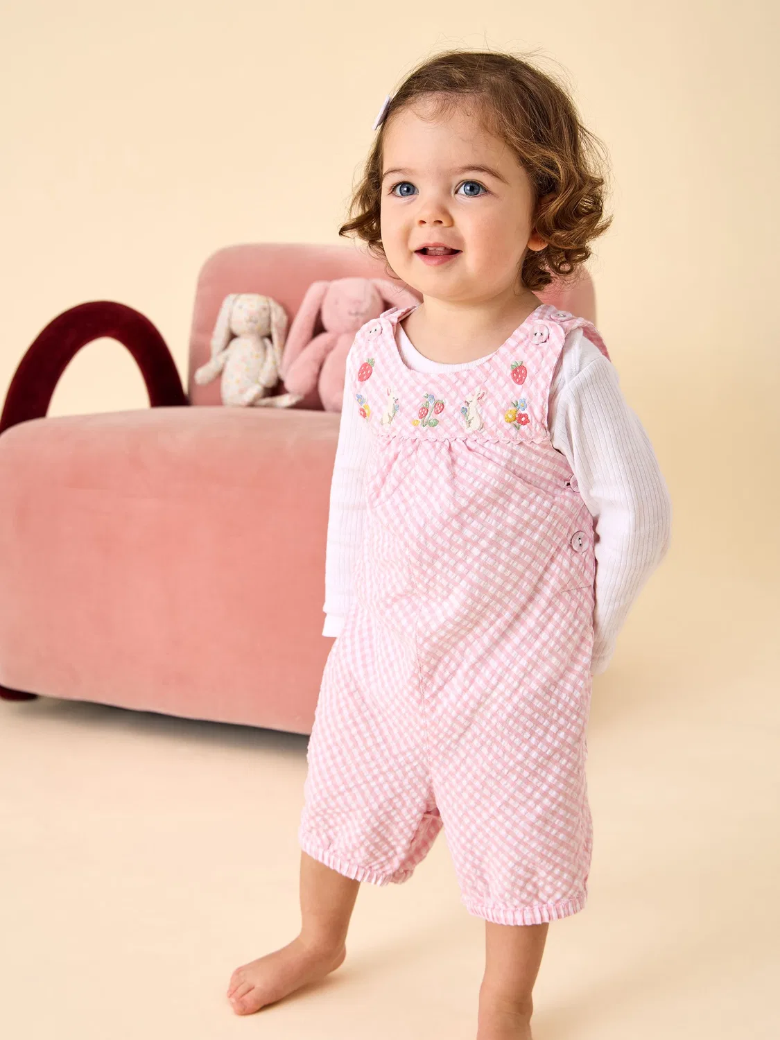 Комбинезон с вышивкой зайчика и клубники, Pink Bunny Jojo Maman Bébé, розовый — фото 2
