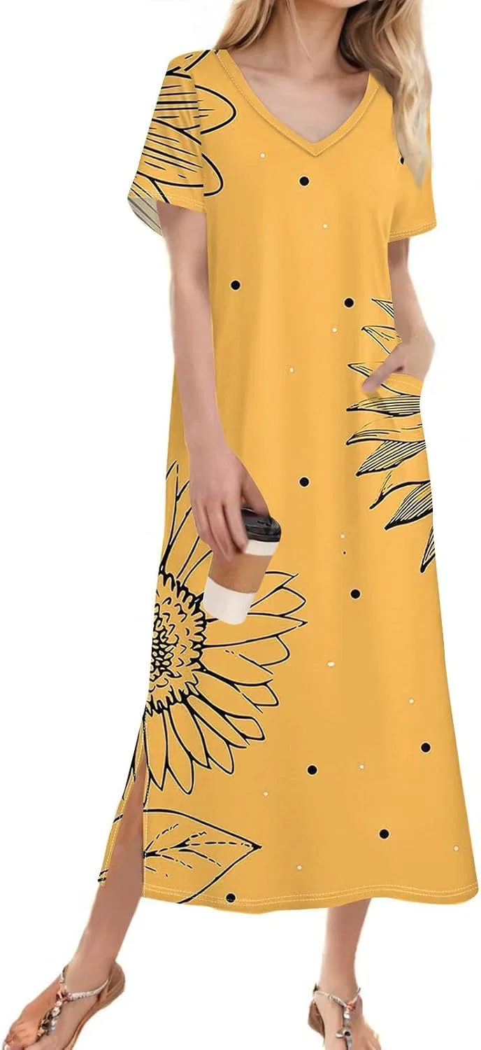 Летнее платье с разрезом Loose T Shirt Dress, Yellow — фото 4