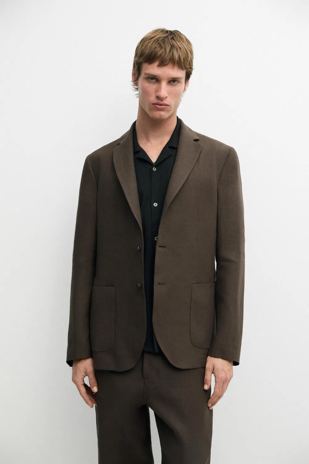 Блейзер из льна Massimo Dutti, коричневый — фото 3