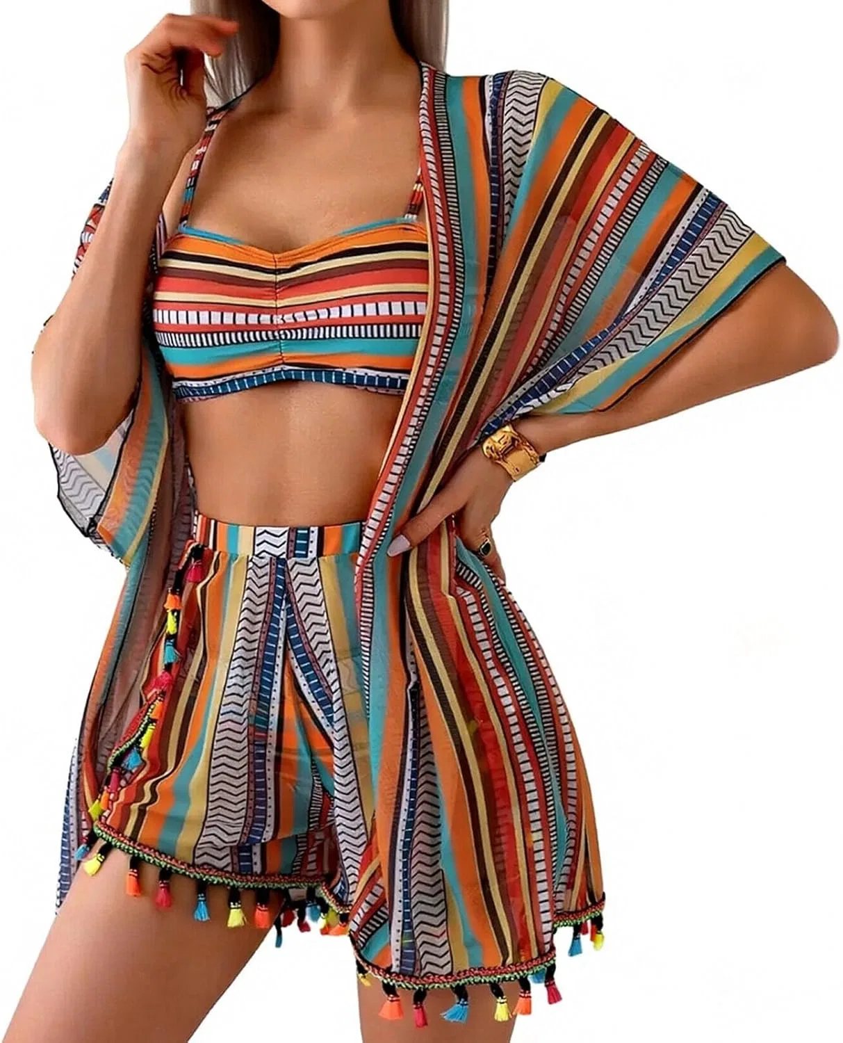 Женский бикини-комплект с пайетками и кимоно Generic, Multicolor