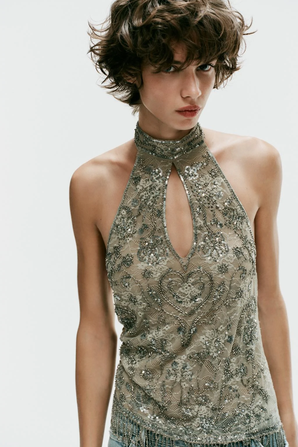 Топ Zara Halter Abalorios, темный хаки — фото 2