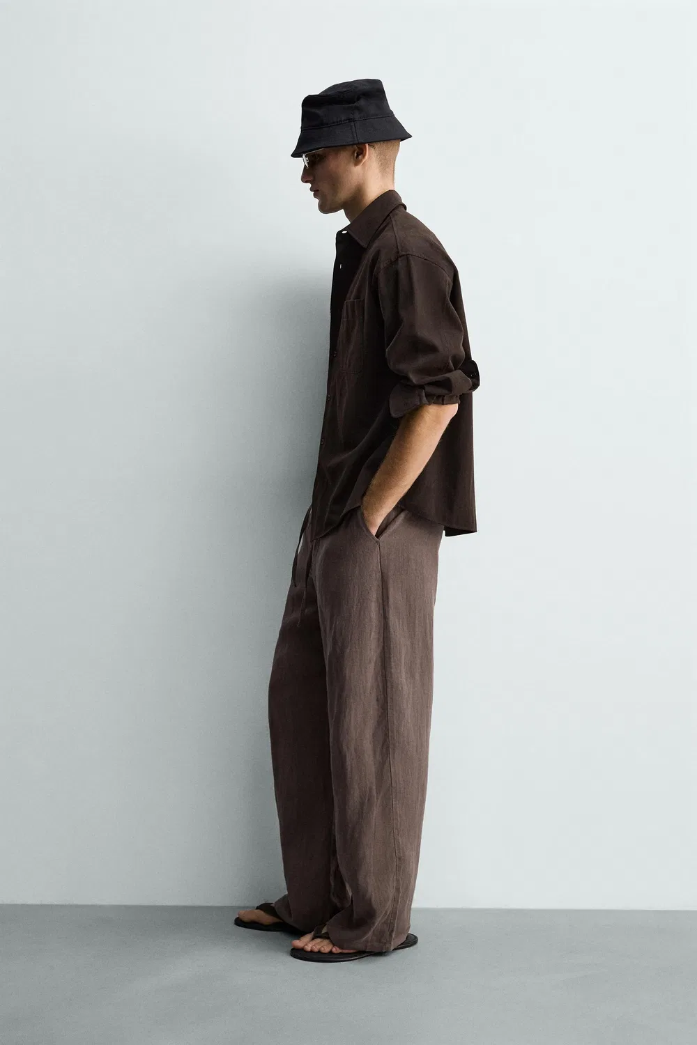 Брюки свободного кроя из 100% льна ZARA, Brown/Taupe — фото 4
