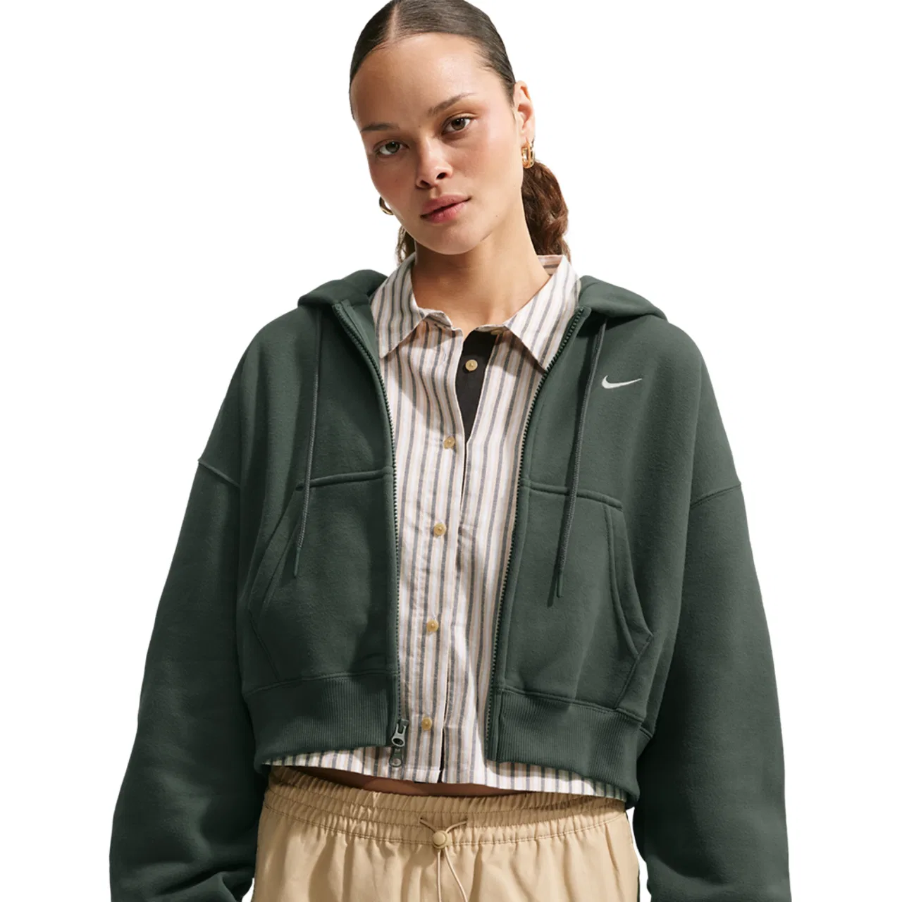 Женский худи с капюшоном, укороченное, на молнии, Nike Studio Fleece Mid-OS Crp FZ Hoodie, Nike, Camo Green Sail