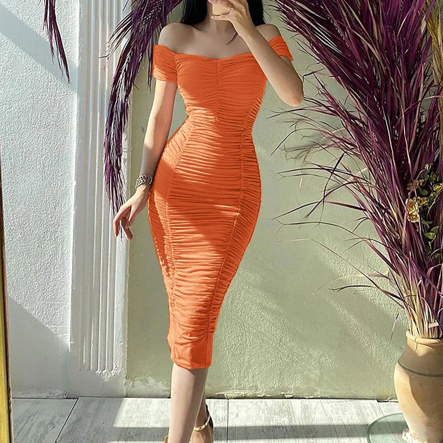Женское элегантное платье с открытыми плечами, Orange — фото 2