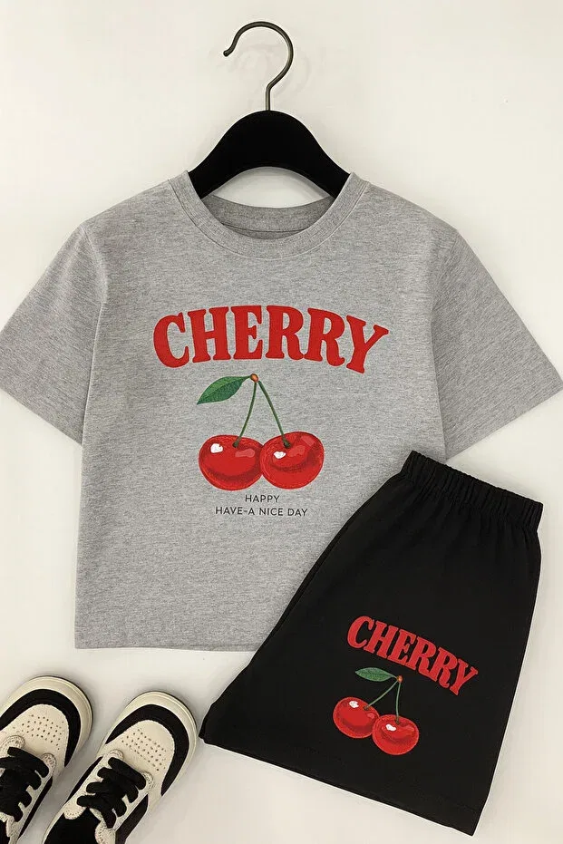 Детский комплект для девочек с принтом Cherry Printed T-shirt And Black Shorts Lepold, Gray
