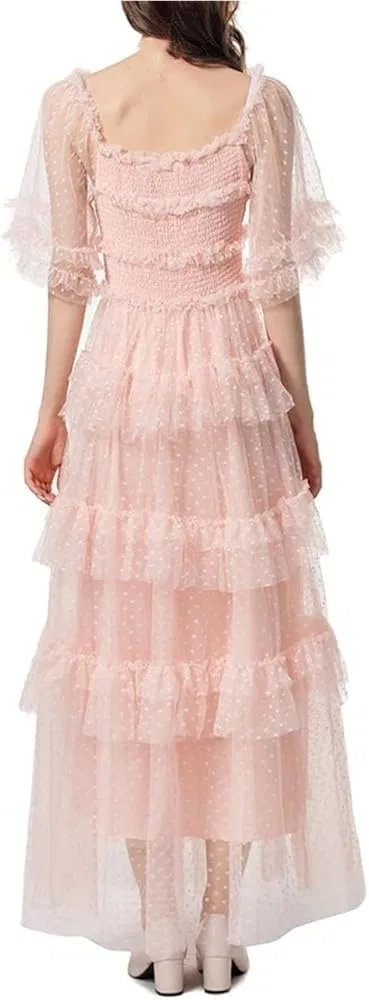 Женское летнее платье макси с открытой спиной, Polka Dot Embroidery, розовый — фото 4