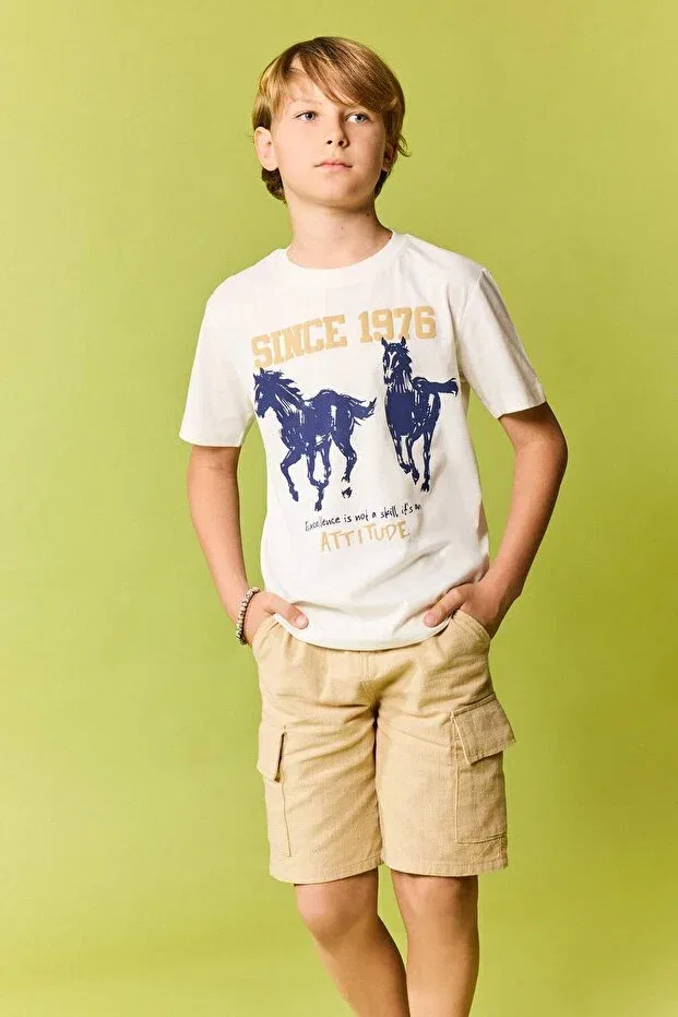 Детская футболка для мальчиков с принтом Regular fit crew neck printed short sleeve t-shirt boys h7521a826sm Defacto, White Wt34