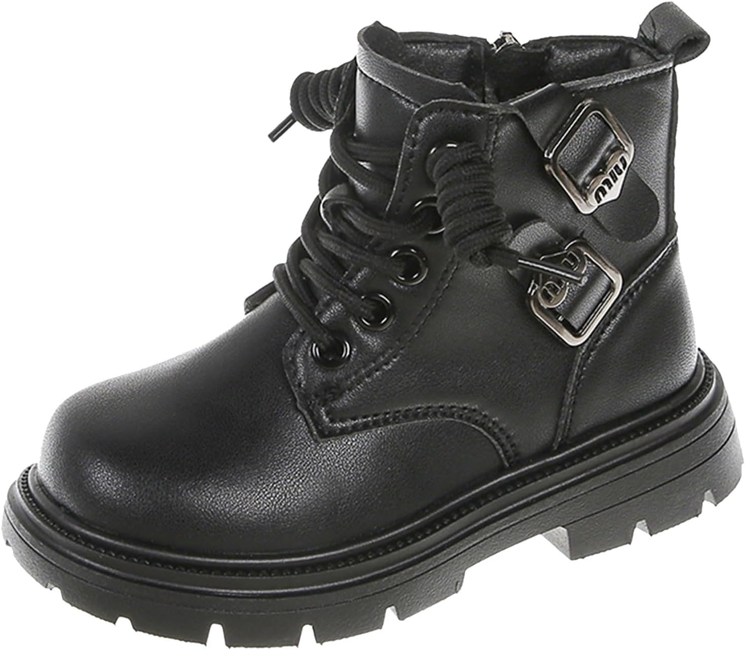 

Детские боевые ботинки на щиколотку со шнуровкой и боковой молнией, для верховой езды, с теплой искусственной меховой подкладкой, короткие зимние снежные ботинки, с протекторной подошвой и низким каблуком JEUROT, Black