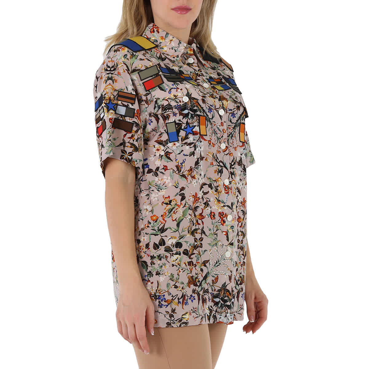 Burberry Badge Appliques Iris Рубашка оверсайз из крепдешина с цветочным принтом, бежевый — фото 2