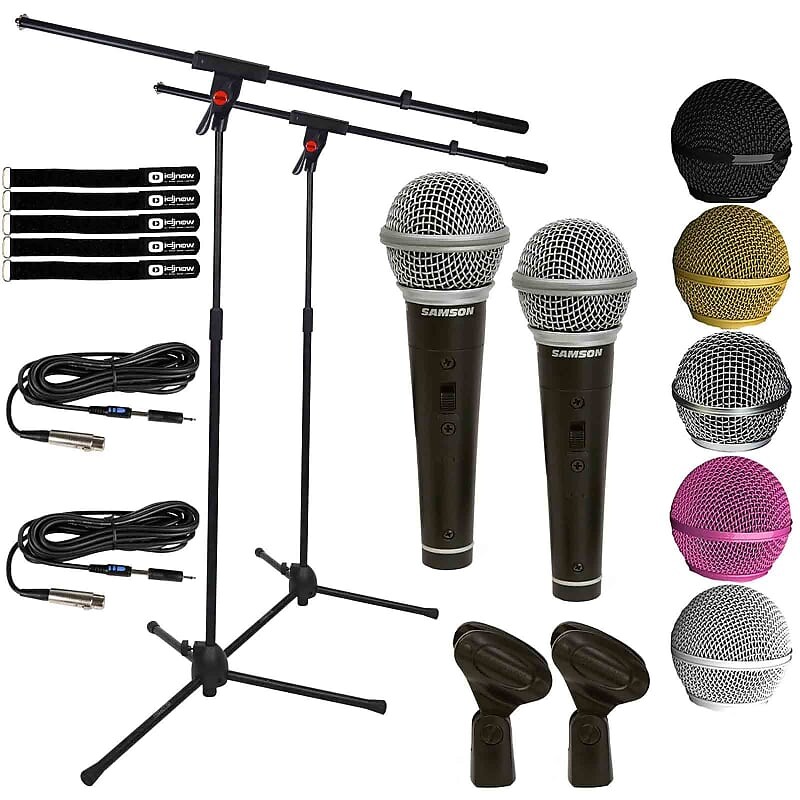 

Динамический микрофон Samson Handheld Dynamic Karaoke Microphone Vocal DJ PA Mic w Stand & Cables 2 Pack