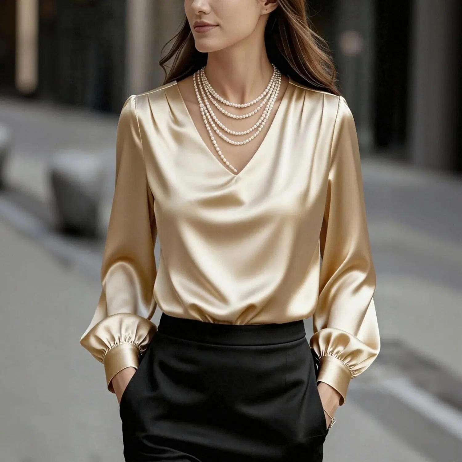 Блуза сатиновая, женская, Button-down, бежевый — фото 2