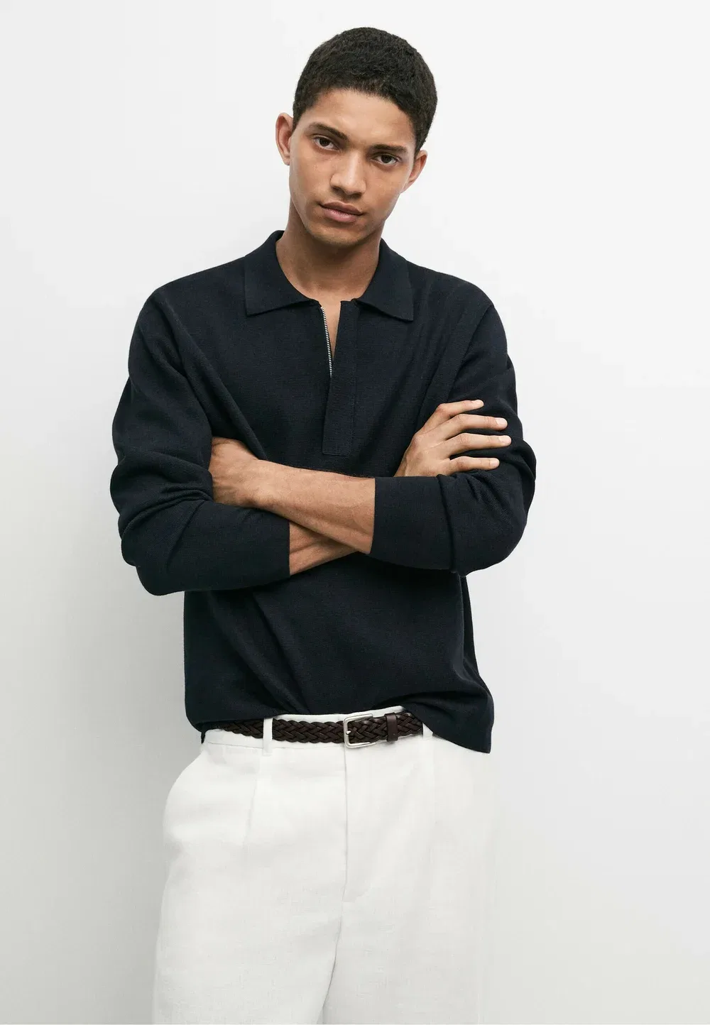 Вязаный поло-свитер на молнии из смесовой хлопковой ткани Massimo Dutti, Mottled Dark Blue